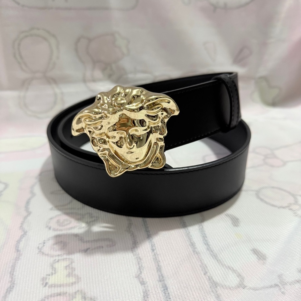 DC Black Leather Belt with Gold Medusa-Style Buckle